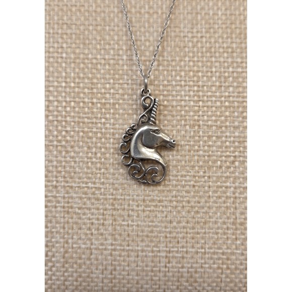 Vintage Ornate Sterling Silver Unicorn Pendant On 18" Sterling XL Necklace - Picture 2 of 7